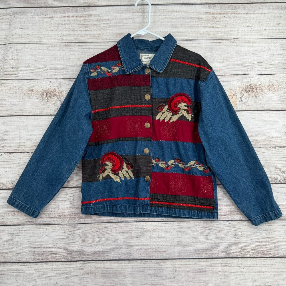 Tantrums Denim Jacket Women Small Blue Red Patchwork Floral Embroidered Beaded
